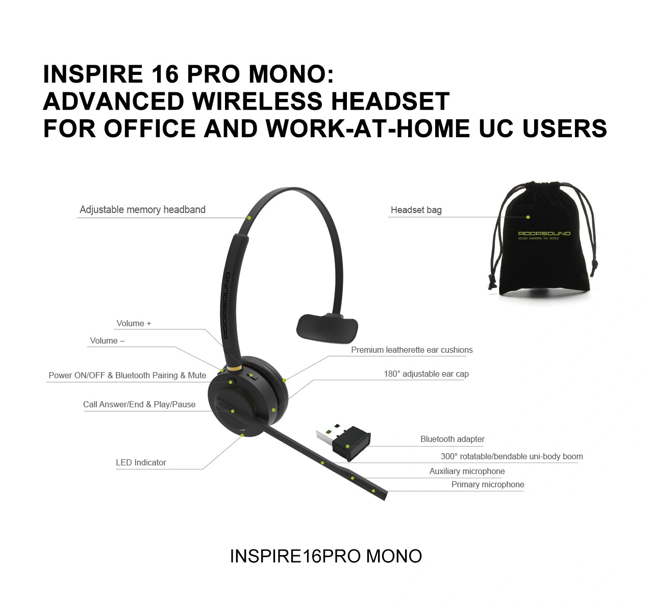 Addasound INSPIRE 16 PRO MONO Bluetooth Headset - FREE SHIPPING