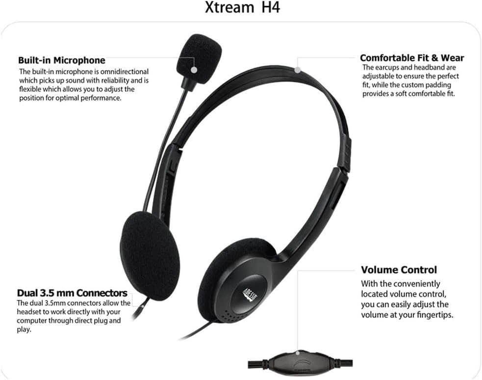 Adesso Xtream H4 - 3.5mm Stereo Headset with Microphone - Noise Cancelling - Wired- 6 ft cable- Lightweight - Works with Computer, Tablet and Smartphone. Ideal for Zoom, Microsoft Team