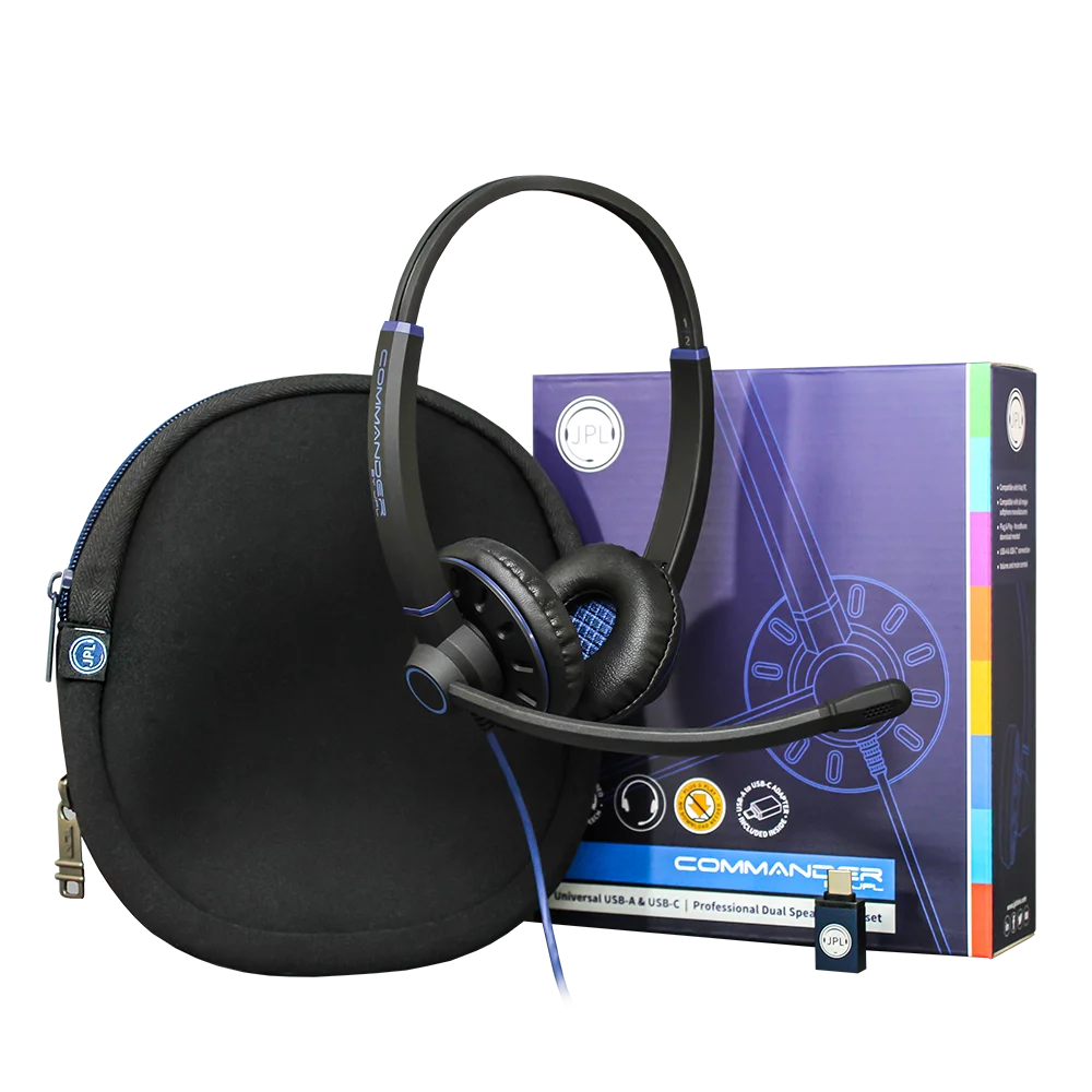 JPL Commander 2 Binaural USB Headset With Volume & Mute In-Line Controls, USB-A To USB-C A-01 Universal Adapter, Soft Pouch