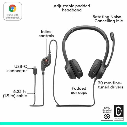 Logitech H390 Binaural USB-A Headset - 981-000014 - Black, Straight corded USB, NO QD - IN STOCK