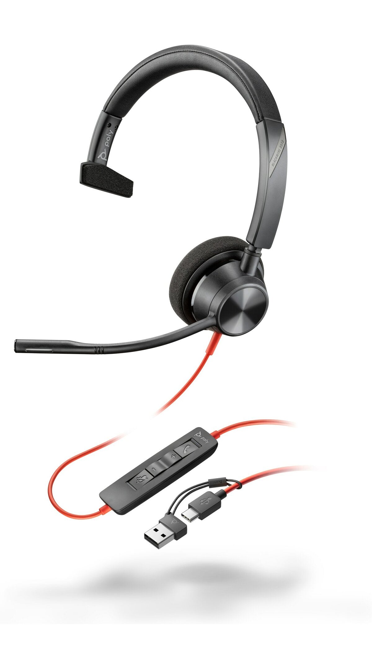HP Poly Blackwire 3310 Monaural Microsoft Teams Certified USB-C Headset +USB-C/A Adapter 8X216AA
