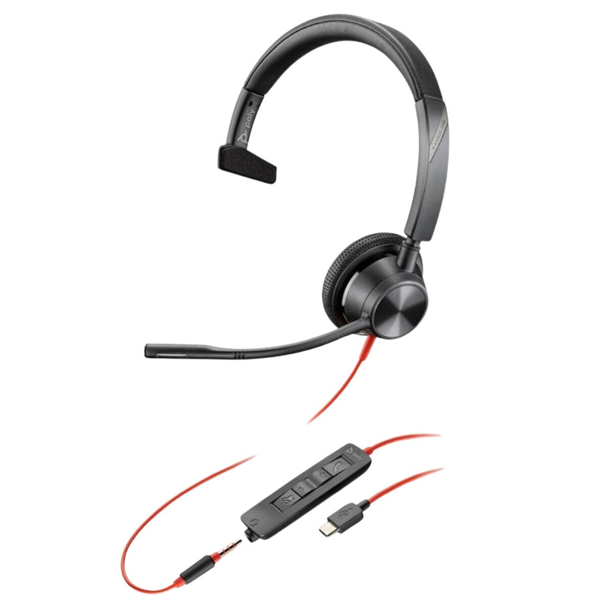 HP Poly Blackwire 3315 Monaural USB-C Headset 8X217AA, +3.5mm Plug, +USB-C/A Adapter