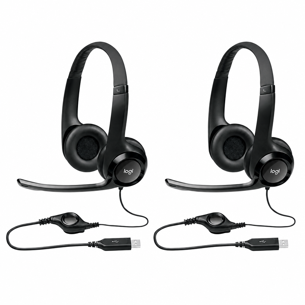 Two Logitech H390 headsets together on a white background